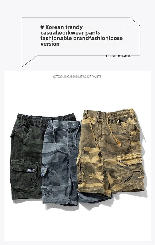 Men's camouflage street outdoor stretch tooling shorts by MANDOTOS INTERNATIONAL, featuring a casual fit and functional design.