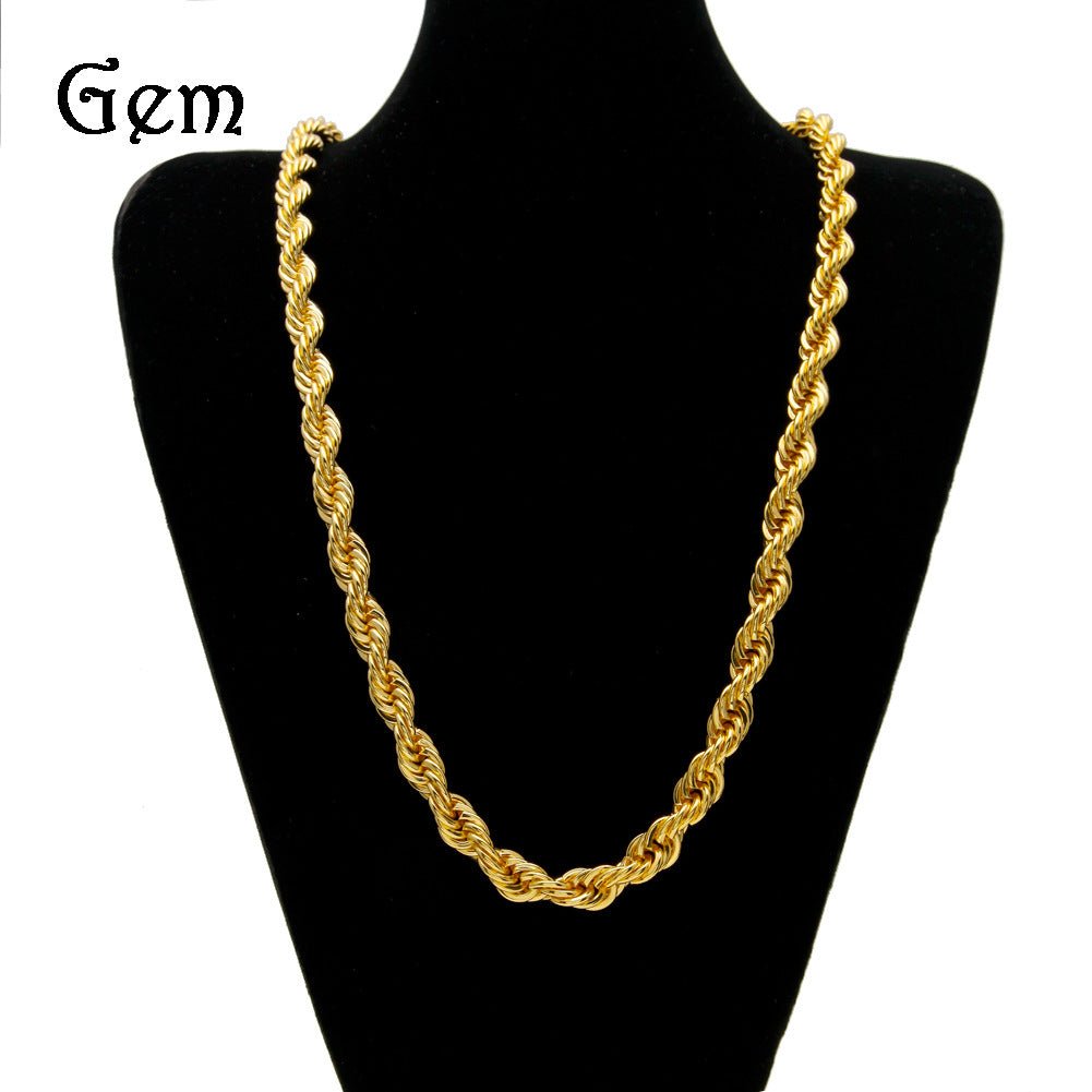 Men's gold-plated hip-hop necklace with a 1cm twist rope chain, high fashion men's jewelry by MANDOTOS INTERNATIONAL.