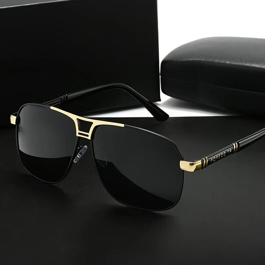 Men's large black to red gradient TAC lens sunglasses with full-iron frame, polished finish, and easy-clean lens surface.