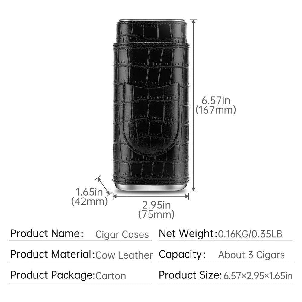 Men's portable cigar case by MANDOTOS INTERNATIONAL, holds 3 cigars in PU leather with built-in cutter for travel use.