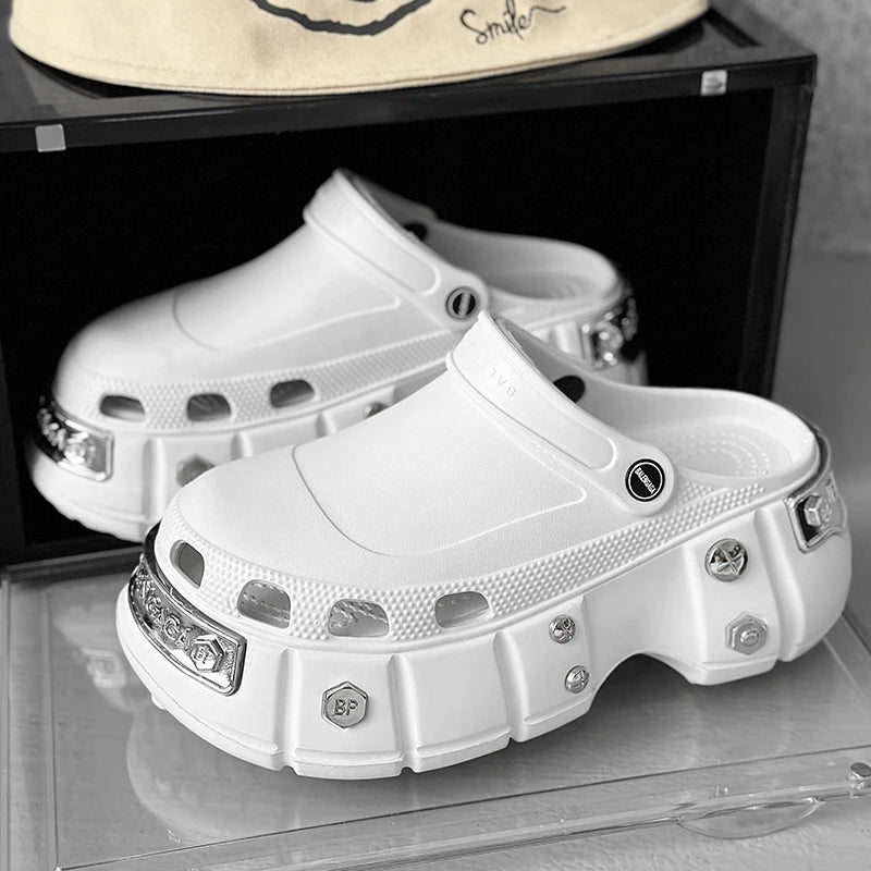 Men's rivet design beach sandals by MANDOTOS INTERNATIONAL, showing black leather straps and sturdy sole in size 36-45.