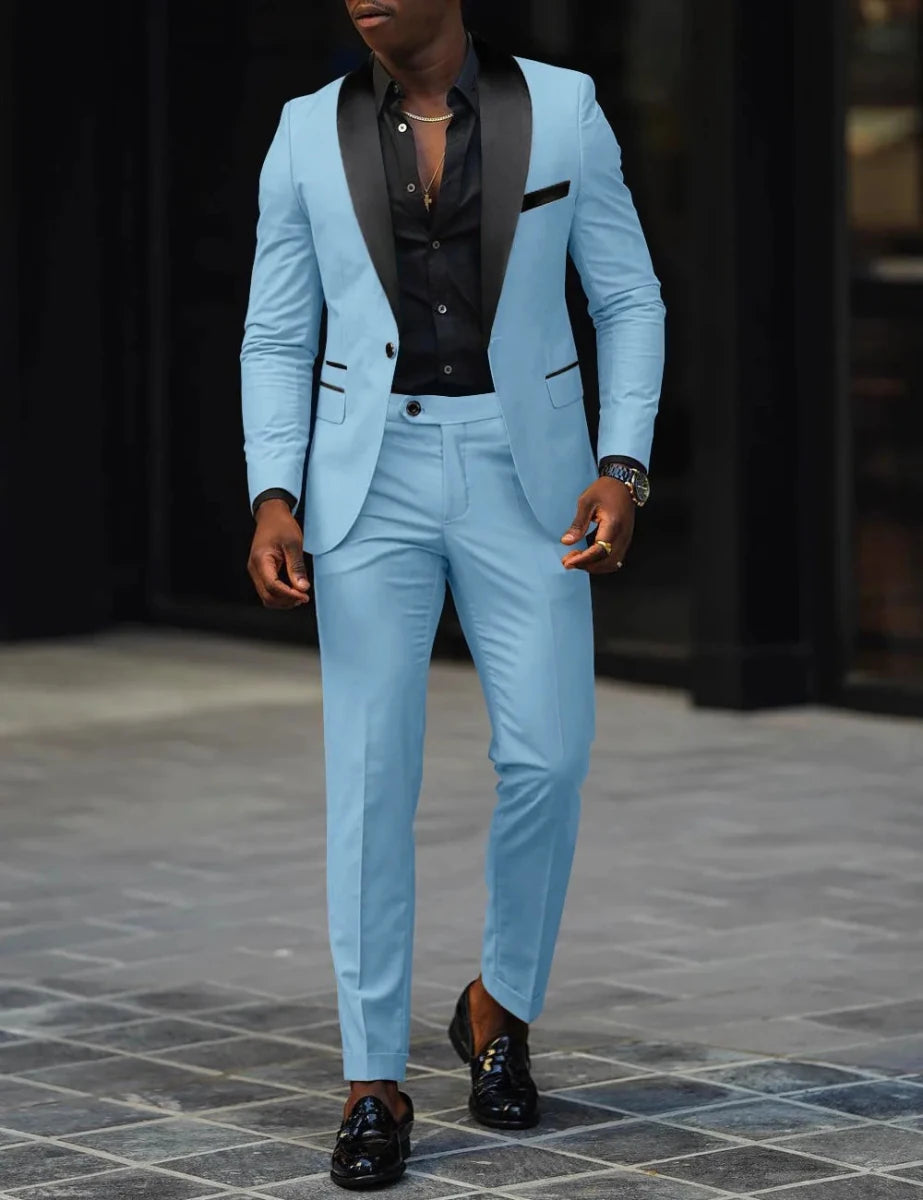 Men's slim-fit business casual suit jacket and trousers by MANDOTOS INTERNATIONAL, tailored for a modern professional look.