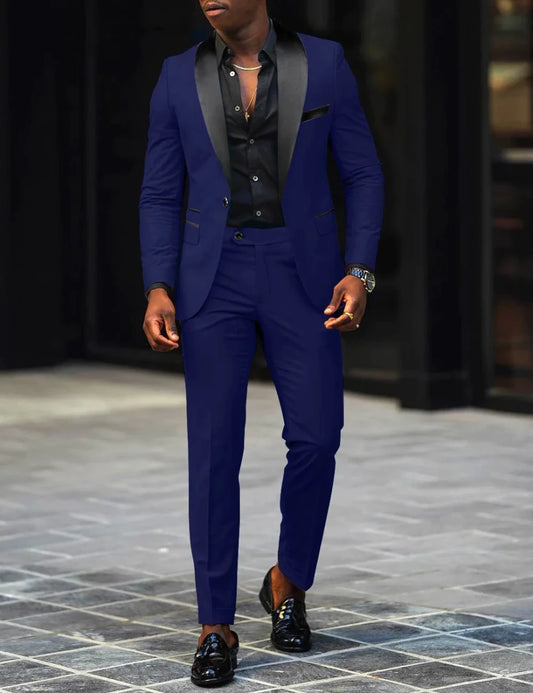 Men's slim-fit business casual suit jacket and trousers by MANDOTOS INTERNATIONAL, tailored for a modern, polished look.