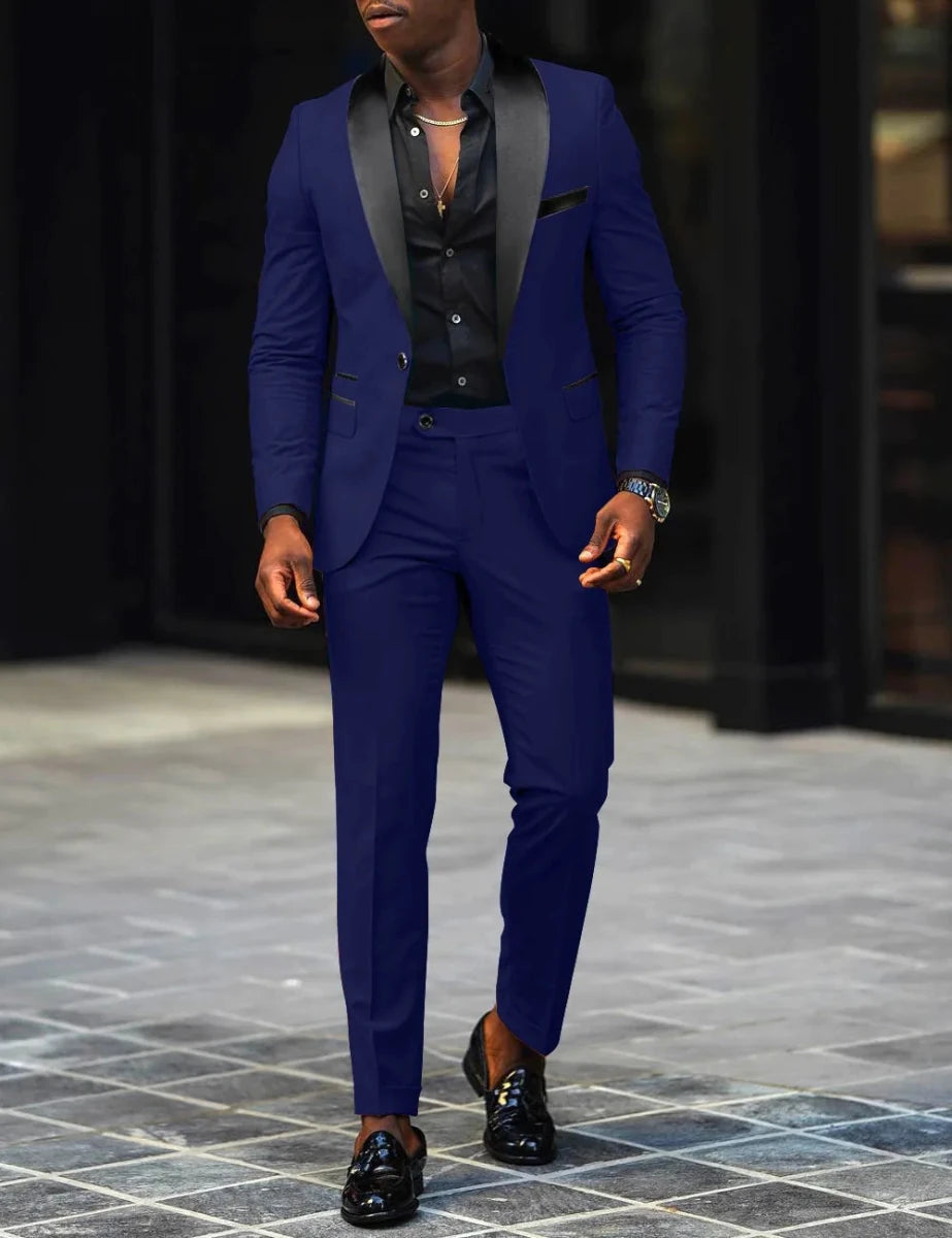 Men's slim-fit business casual suit jacket and trousers by MANDOTOS INTERNATIONAL, tailored for a modern, polished look.