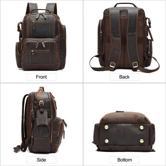 Men's vintage leather backpack by MANDOTOS INTERNATIONAL, designed for school and travel, featuring durable leather and classic style.