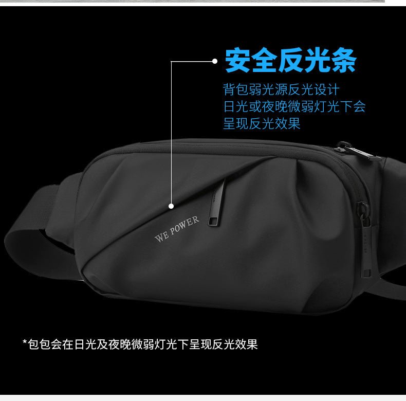 Men's water-repellent waist bag by Mandotos International, outdoor sports crossbody bag with adjustable strap and multiple compartments.