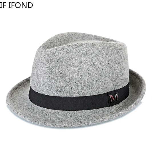 Men's winter felt fedora hat by MANDOTOS INTERNATIONAL, warm wool top hat with narrow brim, classic jazz and Homburg style for gentlemen.