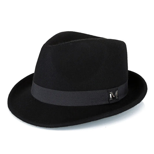 Men's winter felt fedora hat by MANDOTOS INTERNATIONAL, warm wool jazz cap with narrow brim, classic Homburg style for men.