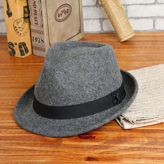 Men's winter felt fedora hat by MANDOTOS INTERNATIONAL, thick wool jazz cap with narrow brim and classic Homburg style.