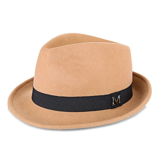Men's winter felt fedora hat by MANDOTOS INTERNATIONAL, thick warm wool jazz cap with narrow brim and classic Homburg style