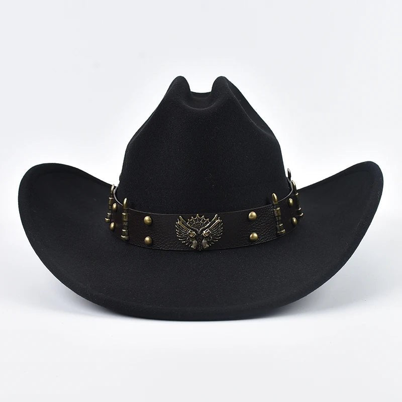 Men and women wearing vintage leather western cowboy hats with big brims, classic cloche-style design by MANDOTOS INTERNATIONAL.