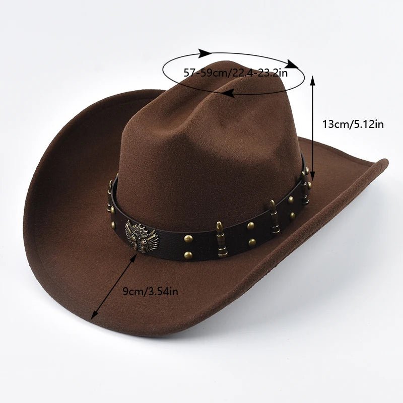 Mandotos International men's and women's western cowboy hat with leather, vintage style, big edge, and cloche design for cowgirl and church wear.