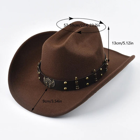 Mandotos International men's and women's western cowboy hat with leather, vintage style, big edge, and cloche design for cowgirl and church wear.