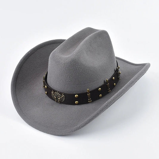Mandotos International cowboy hat for men and women featuring leather, vintage style, big-edge brim, western cowgirl, and cloche design.