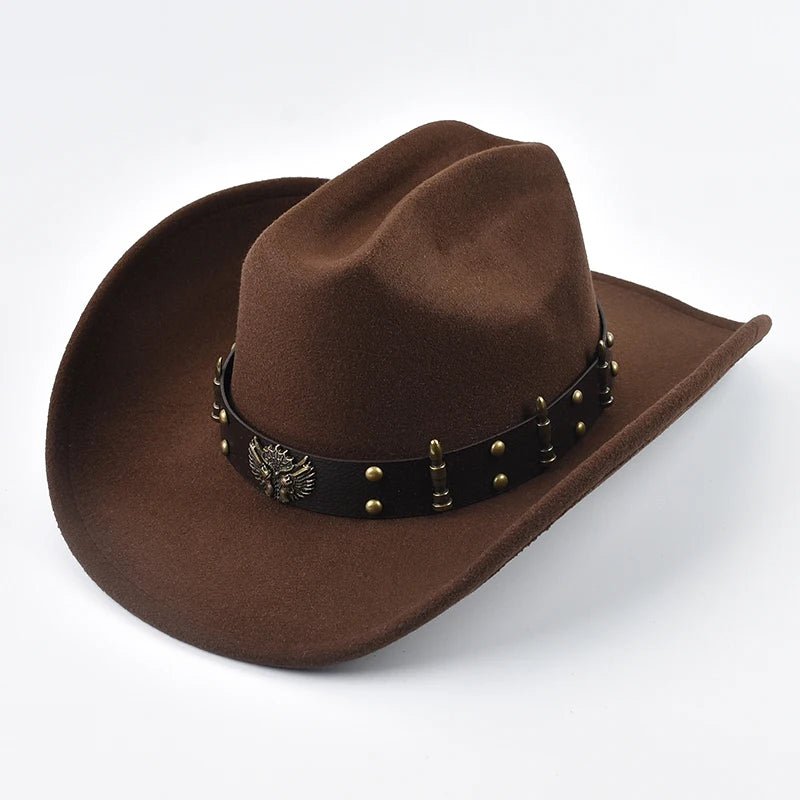 Mandotos International men's and women's western cowboy hat with leather, vintage style, big edge, and cloche design.