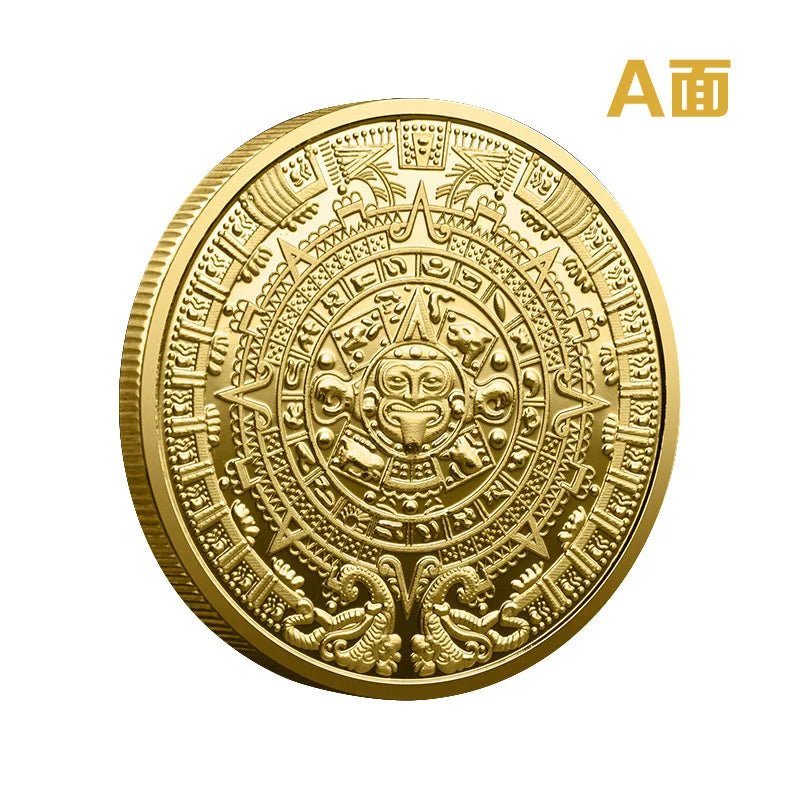 Mexican Maya Calendar and Aztec Commemorative Coins Set by MANDOTOS INTERNATIONAL, featuring intricate designs and cultural symbols.