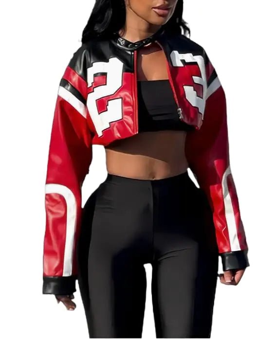 MotoChic Faux Leather Y2K jacket by MANDOTOS INTERNATIONAL, stylish black jacket with retro Y2K design, front zipper and fitted silhouette.
