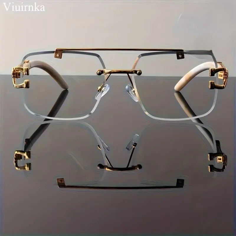 Bridge rimless square sunglasses by MANDOTOS INTERNATIONAL with trendy leopard print and wood grain design for men and women.
