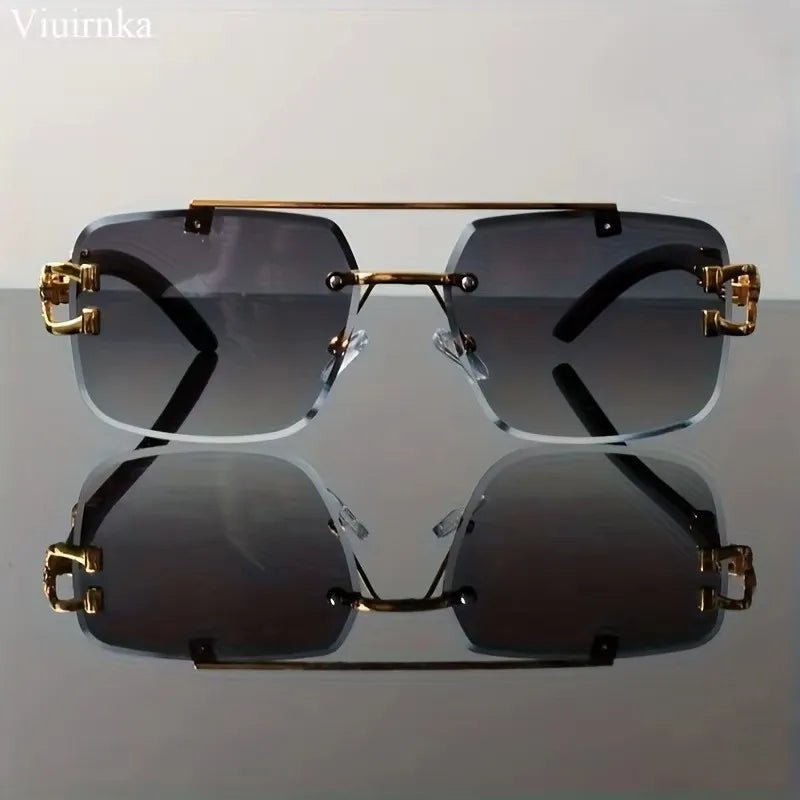 Rimless square sunglasses by MANDOTOS INTERNATIONAL with leopard print and wood grain design, suitable for men and women.