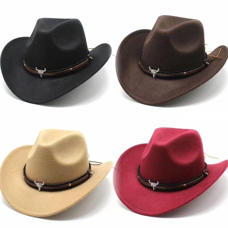 Denim cowboy hats for men and women featuring five-pointed star belt design and soft woolen material, by MANDOTOS INTERNATIONAL.