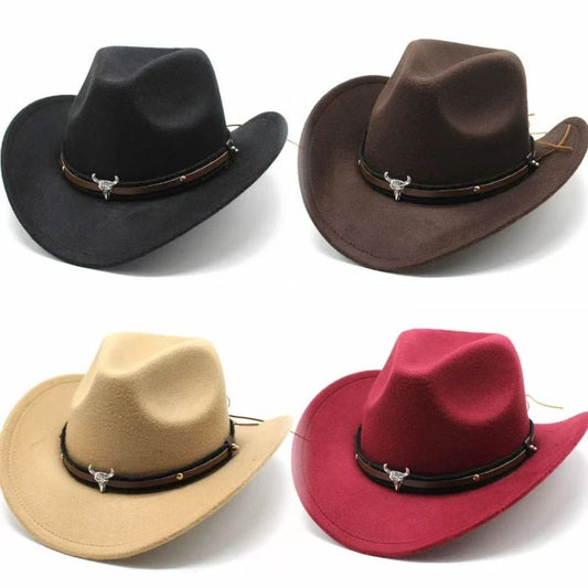 Denim cowboy hats for men and women featuring five-pointed star belt design and soft woolen material, by MANDOTOS INTERNATIONAL.
