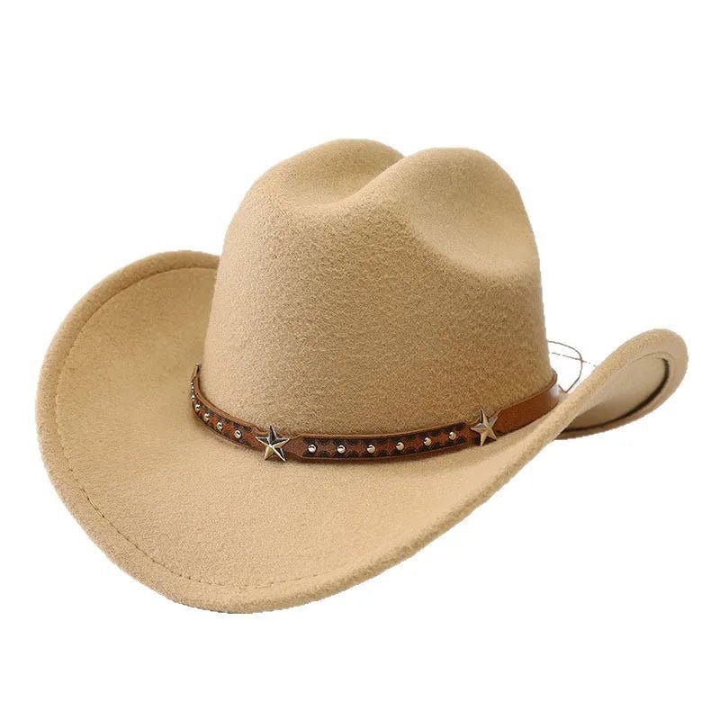 Mandotos International denim cowboy hats for men and women featuring five-pointed star belt design and soft woolen material.