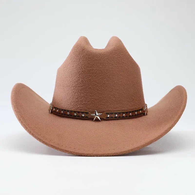 Mandotos International denim cowboy hats for men and women with five-pointed star belt detail and soft woolen finish.