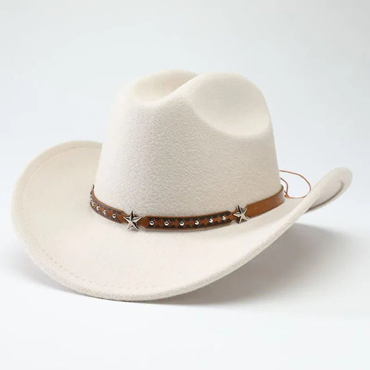 New denim cowboy hats for men and women with five-pointed star belt detail, made from soft woolen material by MANDOTOS INTERNATIONAL.