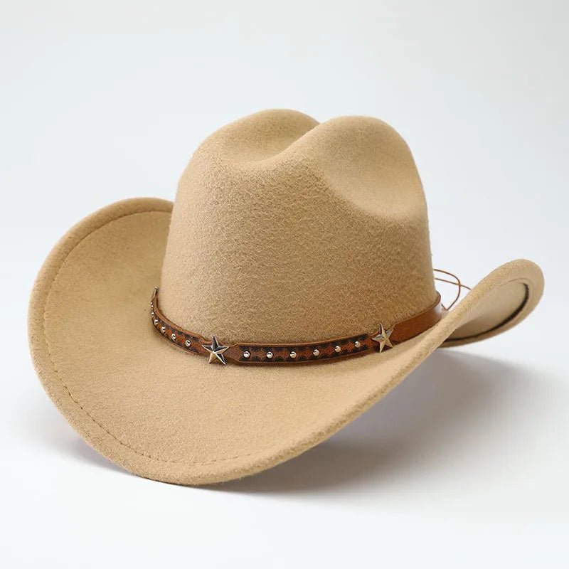 Mandotos International denim cowboy hats for men and women with five-pointed star belt design and soft woolen material.