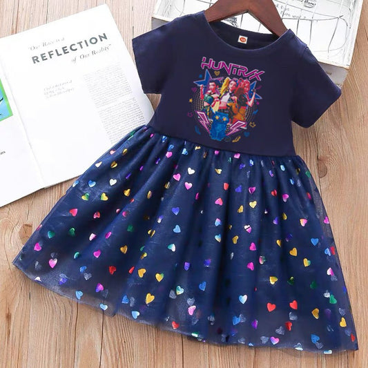 Girls summer princess dress by Mandotos International with short sleeves and gauze skirt, featuring a cute hunter witch design.