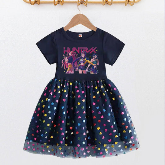 Girls' summer short-sleeved princess dress by Mandotos International, featuring a gauze skirt and playful hunter witch design.