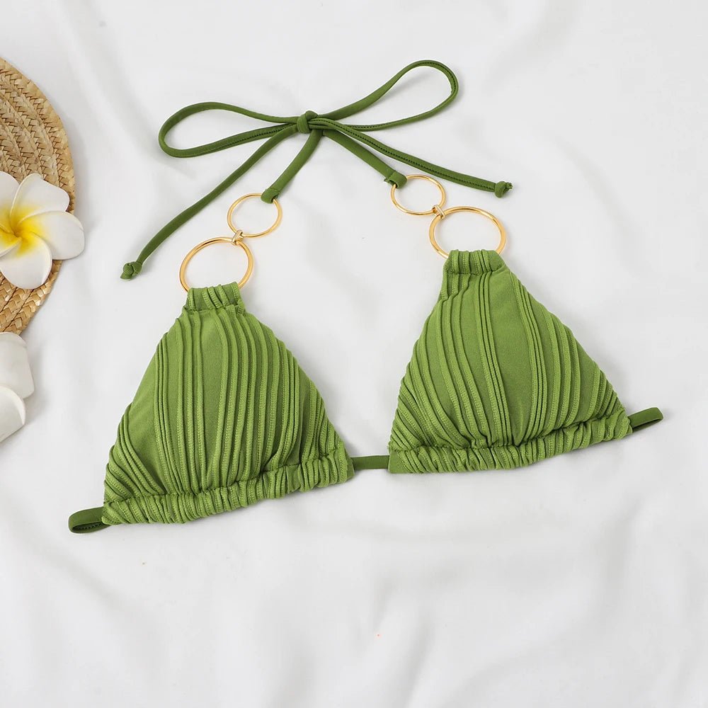 Mandotos International women's bikini set with V-neck, backless design, circular ring detail, solid color, and split style for beach wear.