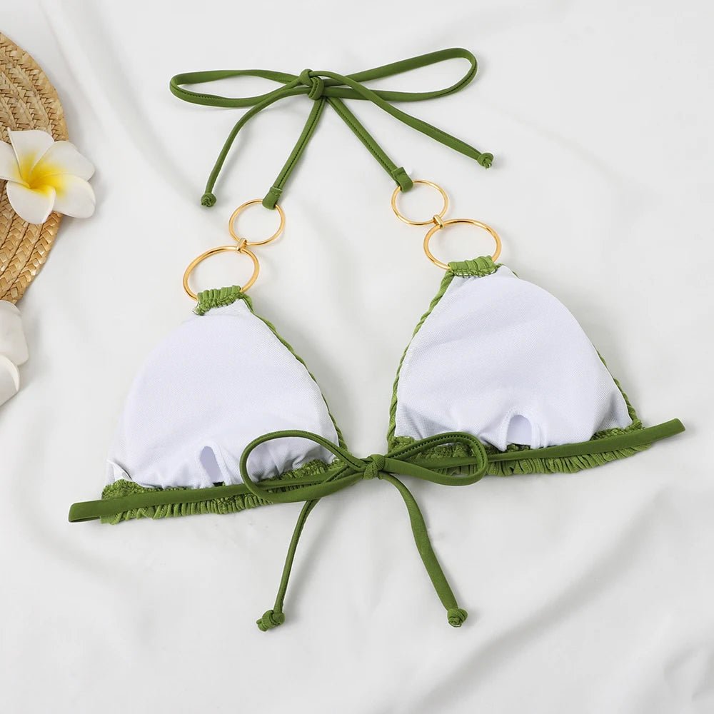 Mandotos International women's bikini set featuring a solid color, circular ring detail, V-neck, backless design, and split style.