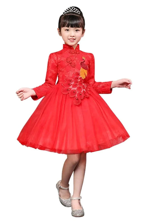 Peacock princess embroidered cheongsam dress for girls ages 3-10, featuring intricate embroidery and vibrant colors by MANDOTOS INTERNATIONAL.