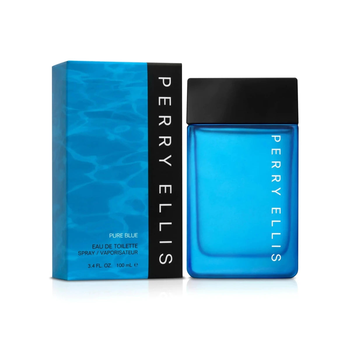 Men's Perry Ellis Blue Essence 3.4 oz EDT bottle, featuring a sleek blue glass design and silver cap.