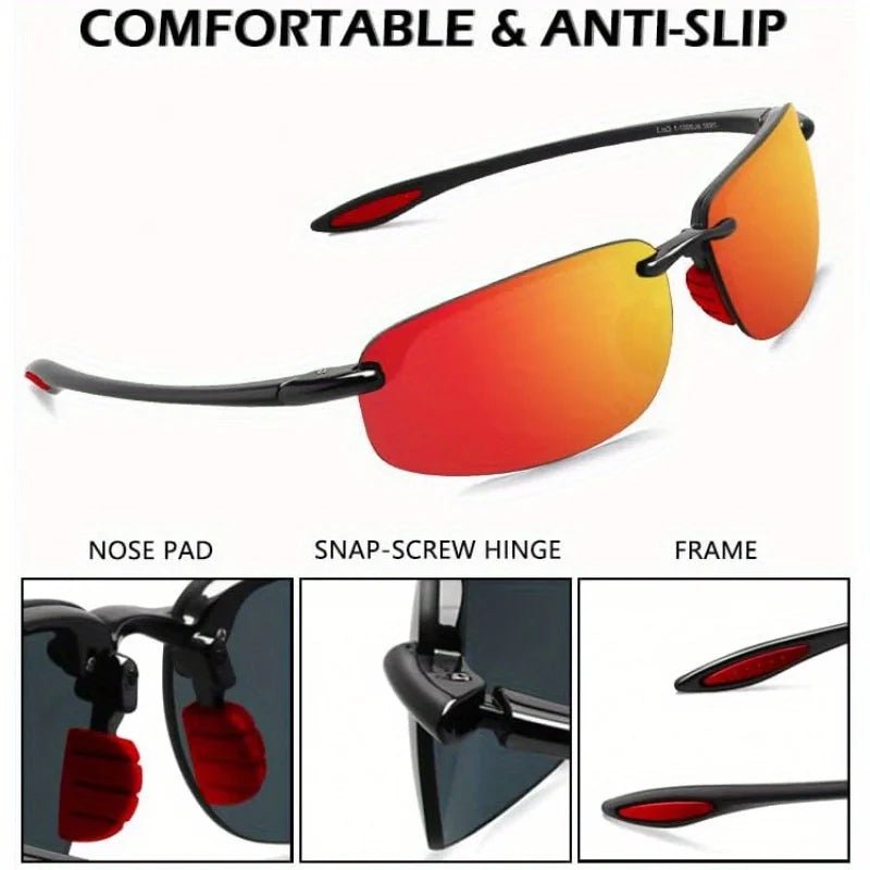Mandotos International polarized sunglasses for men and women with rimless TR90 frame, lightweight, durable, ideal for running and fishing