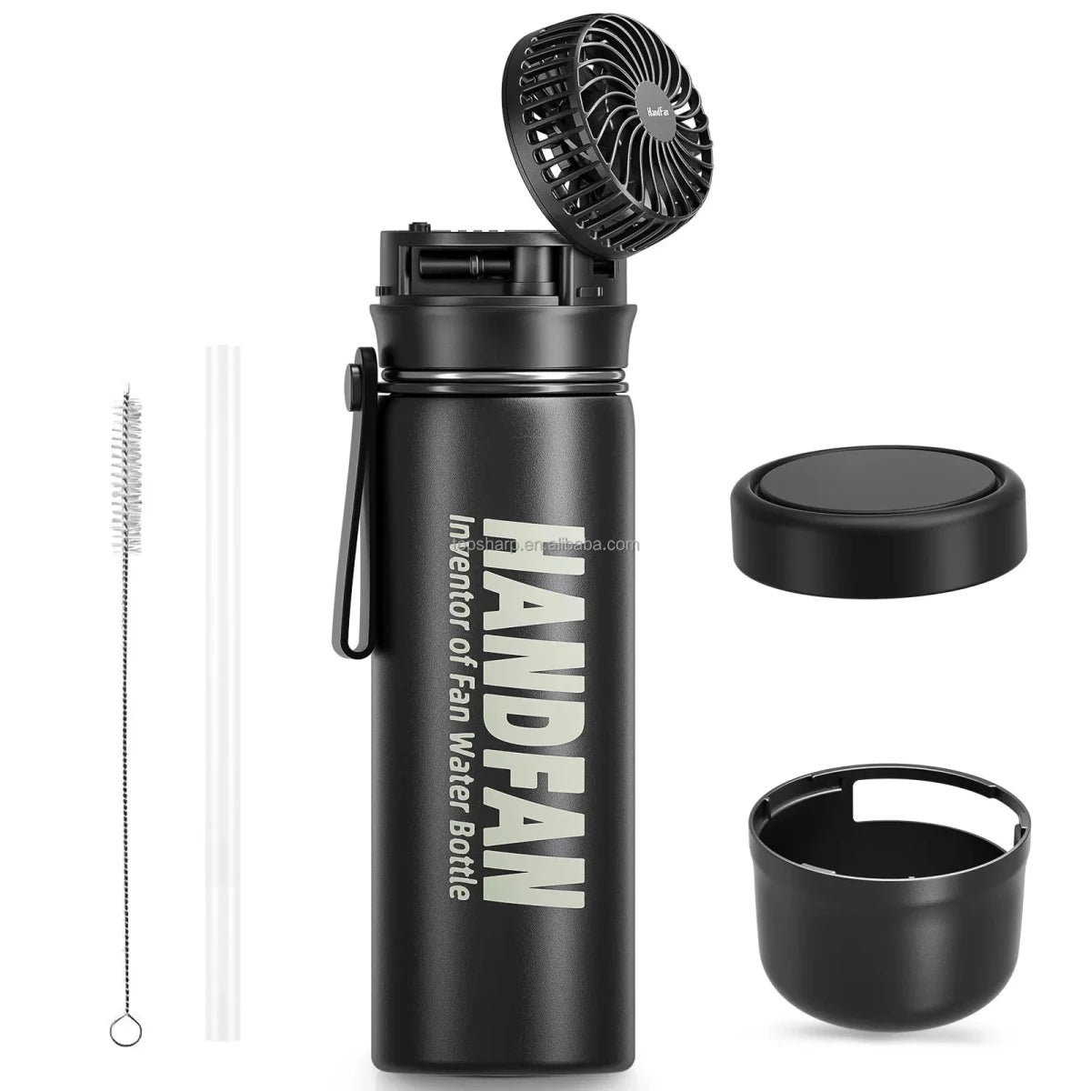Portable 2-in-1 water bottle fan with three speed settings, ideal for outdoor travel by MANDOTOS INTERNATIONAL.