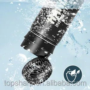 Mandotos International portable 2-in-1 water bottle fan with three adjustable speeds, ideal for outdoor travel and staying cool.