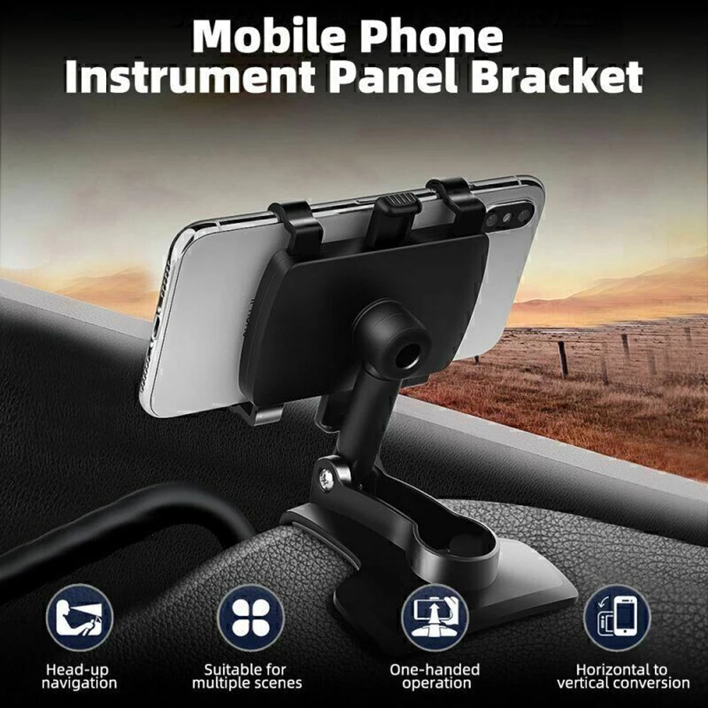Mandotos International portable car holder for iPhone, Samsung, Xiaomi, and Huawei, rotatable dashboard and sun visor mount.
