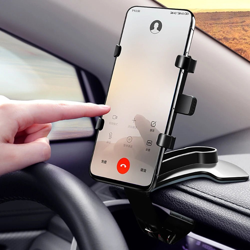 Mandotos International portable car holder for iPhone, Samsung, Xiaomi, Redmi, Huawei; rotatable dashboard and sun visor mount.