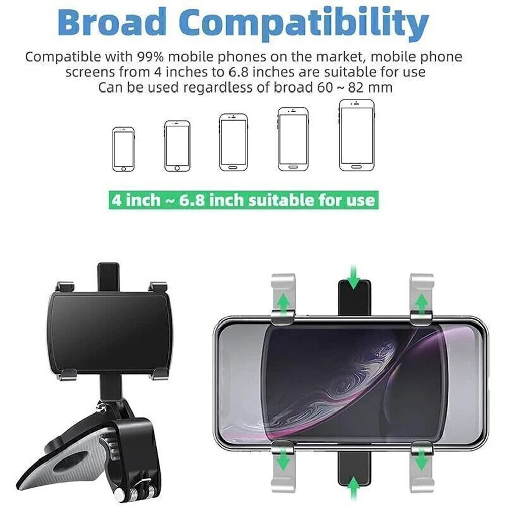 Mandotos International portable car holder for iPhone, Samsung, Xiaomi, Redmi, Huawei, rotatable mount for dashboard, rearview, sun visor