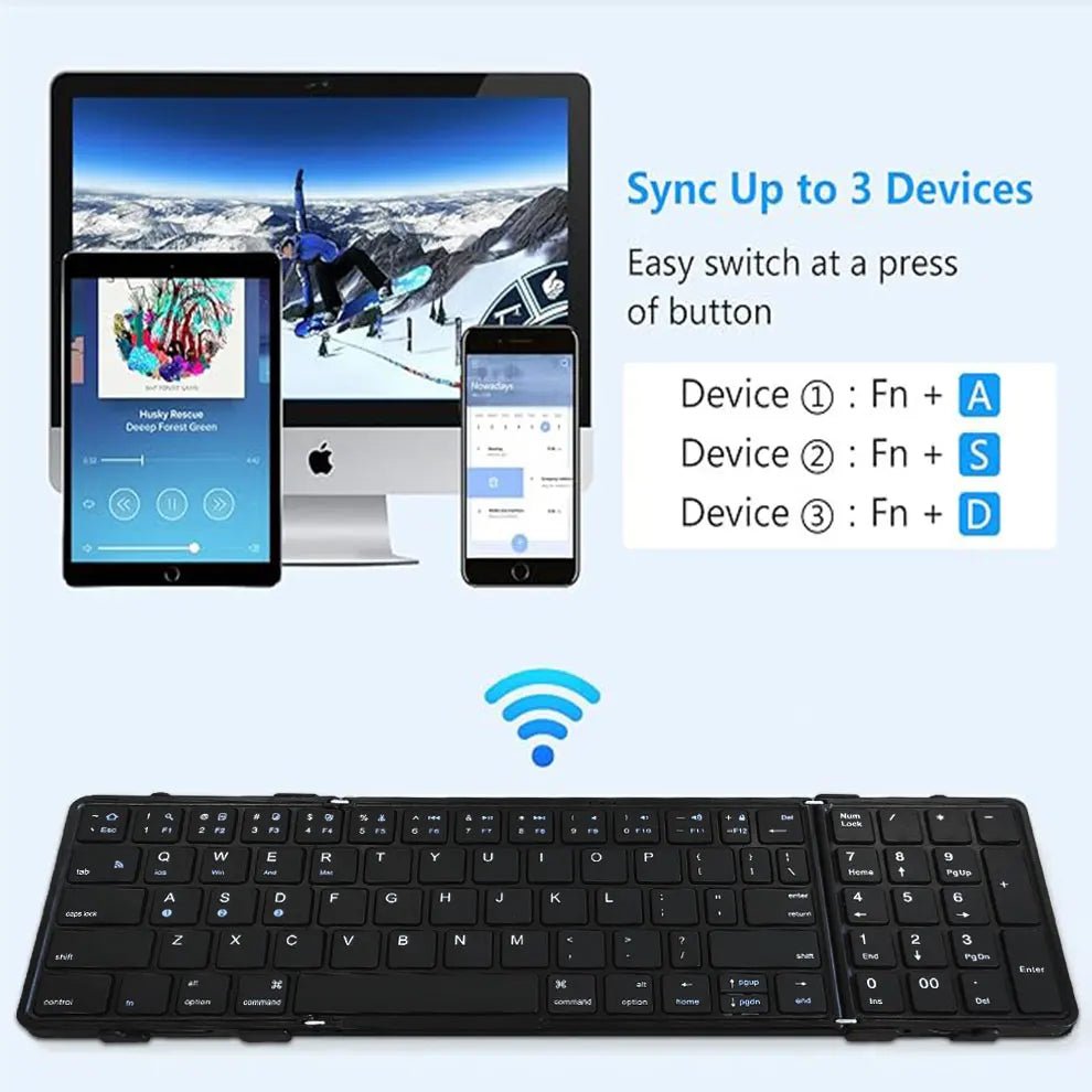 Mandotos International portable foldable wireless keyboard with numeric keypad, compact design for easy portability.