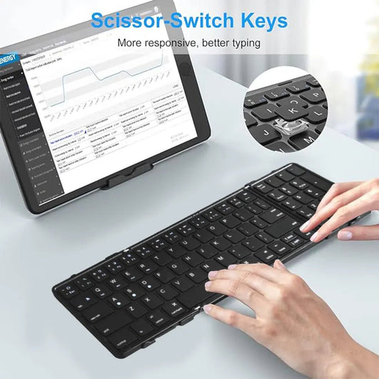 Portable foldable wireless keyboard with numeric keypad by MANDOTOS INTERNATIONAL, compact and lightweight for easy travel.