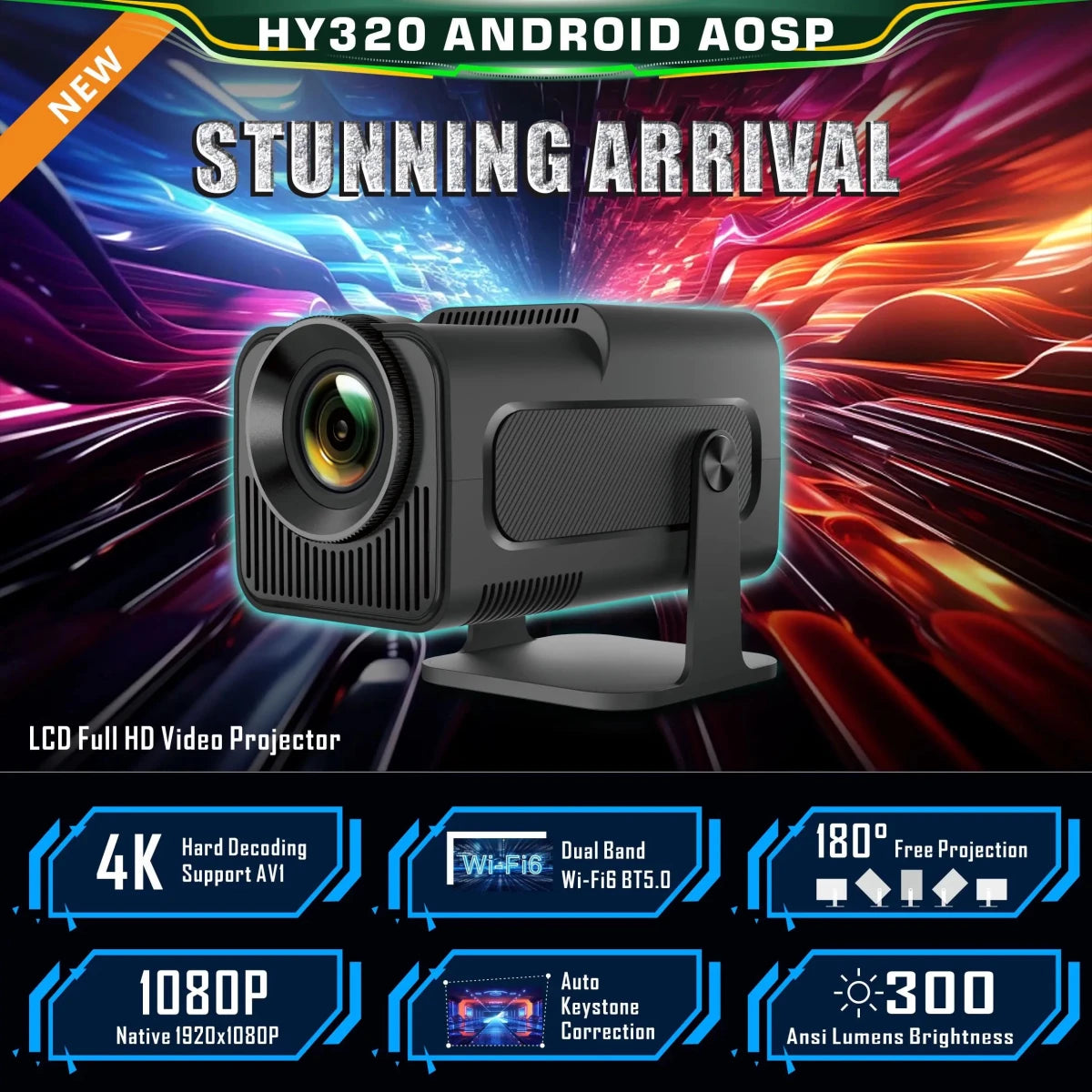 Mandotos International portable Android projector HY320 displaying a full HD 4K image on a wall.