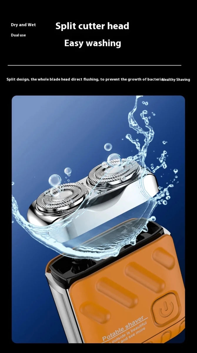 Mandotos International portable electric shaver for men, compact USB-powered razor for face, body, and bikini shaving.