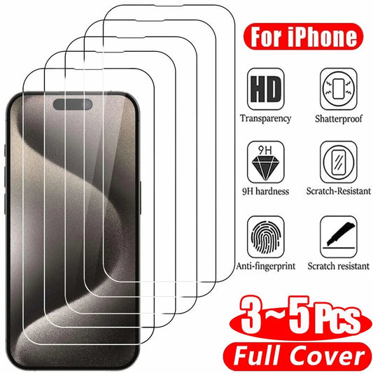 Clear tempered glass screen protector for iPhone 11-17 by MANDOTOS INTERNATIONAL, showing the transparent film on a smartphone screen.