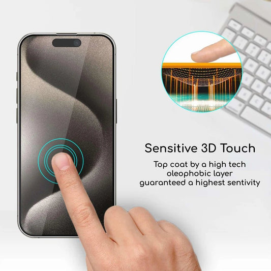 Mandotos International premium clear tempered glass screen protector for iPhone 11-17, showing a sleek, transparent film covering the phone screen.