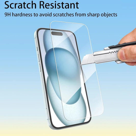 Clear tempered glass screen protector for iPhone 11-17 by MANDOTOS INTERNATIONAL, showing the sleek glass film on a modern iPhone.