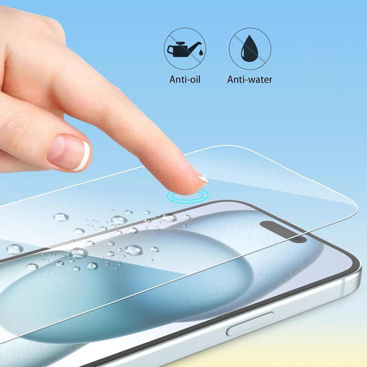 Clear tempered glass screen protector for iPhone 11-17 by MANDOTOS INTERNATIONAL, showing a sleek, transparent film covering the device screen.