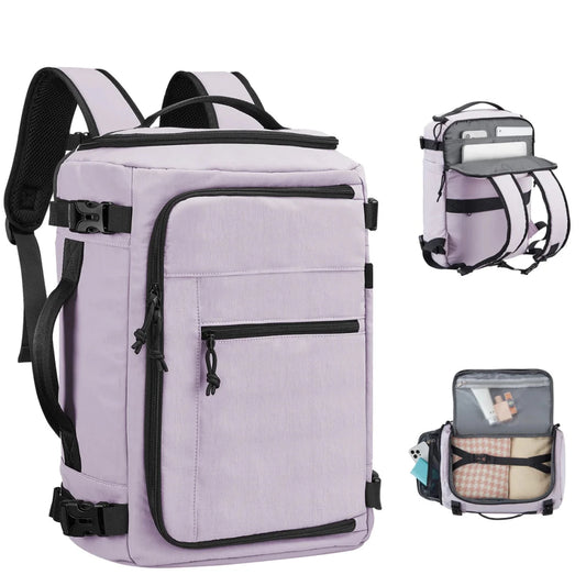 Purple waterproof travel backpack by MANDOTOS INTERNATIONAL, lightweight with large capacity for men and women, shown with multiple compartments.